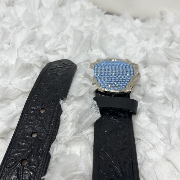 Leatherock Inc Blue Rhinestone Western Leather Belt Black Embossed tooled Belt main image 5